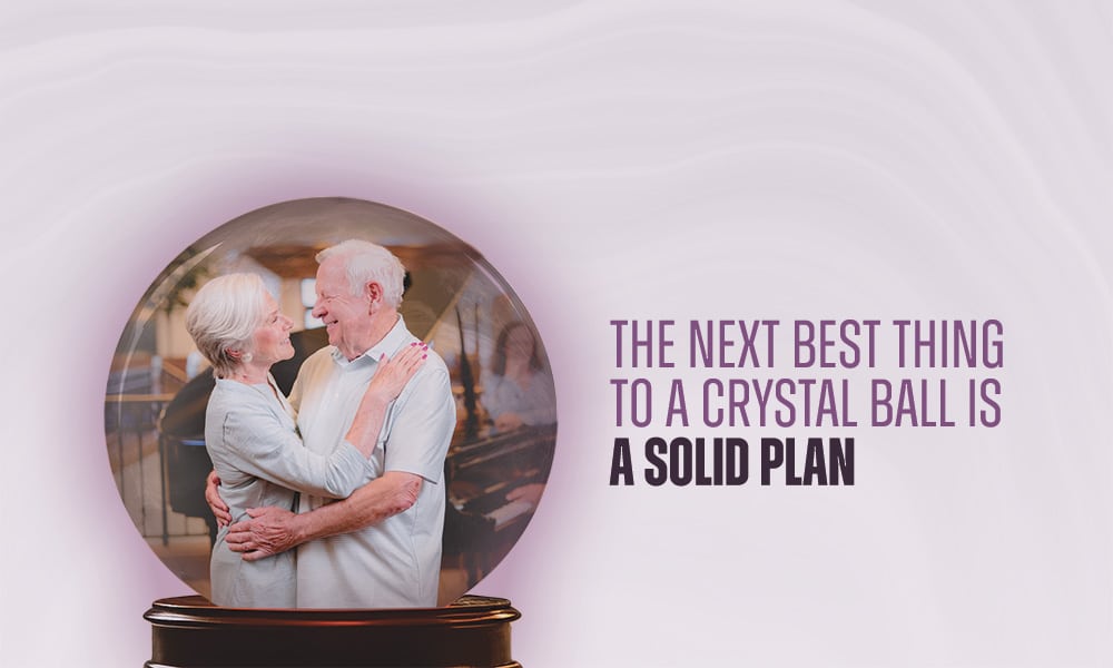 Wisteria-1000x600-CrystalBall1 A crystal ball with a dancing couple inside it, the title reads "The next best thing to a crystal ball is a solid plan."
